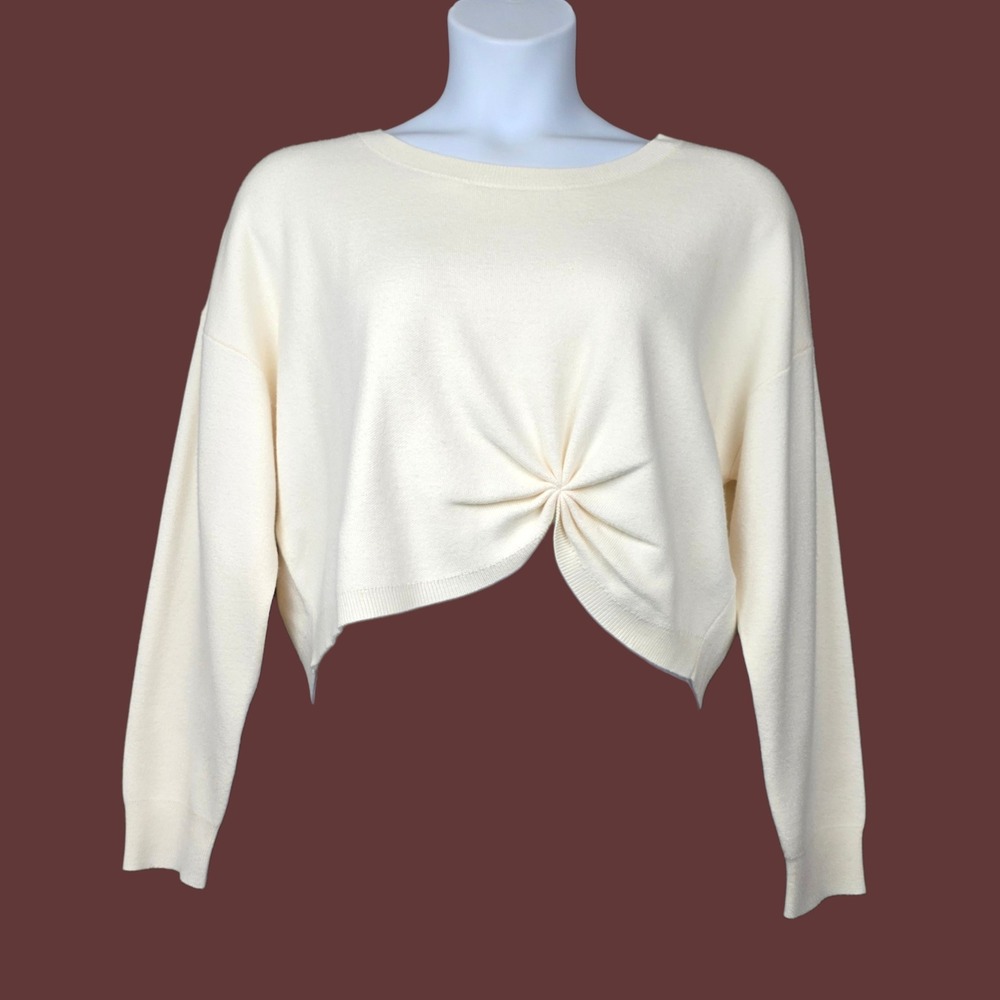Anthropologie Womens Long Sleeve Ivory Twist Front Cropped Sweater Size XL NWOT